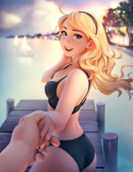 Rule 34 | 1boy, 1girl, absurdres, bikini, black bikini, blonde hair, blue eyes, blurry, blurry background, blush, commentary, english commentary, hairband, hetero, highres, holding hands, league of legends, long hair, looking at viewer, lux (league of legends), open mouth, pier, smile, summer, swimsuit, tsuaii