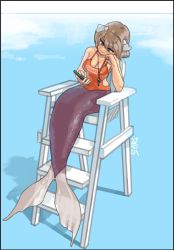 Rule 34 | 1girl, absurdres, blue eyes, bored, breasts, brown hair, cellphone, cleavage, collarbone, fins, fish tail, hair ornament, head on hand, highres, lifeguard, lifeguard chair, medium breasts, mermaid, monster girl, noyemik, one-piece swimsuit, original, phone, red one-piece swimsuit, shell hair ornament, short hair, signature, simple background, solo, swimsuit, tail, whistle