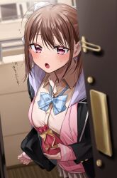 Rule 34 | 1girl, bag, black bag, black jacket, blazer, blue bow, blue bowtie, blurry, blurry background, blush, bow, bowtie, breasts, brown hair, chigusa minori, collared shirt, commentary request, cowboy shot, cross-shaped pupils, depth of field, dress shirt, hair bow, highres, hood, hoodie, jacket, kokoro iroduku koi ga shitai, large breasts, long sleeves, looking at viewer, medium hair, momose akari, open clothes, open hoodie, open mouth, pink eyes, pink hoodie, plaid, plaid bow, plaid bowtie, pov, school bag, school uniform, shirt, shoulder bag, sidelocks, sleeves past wrists, solo, sweatdrop, symbol-shaped pupils, translation request, white bow, yellow shirt