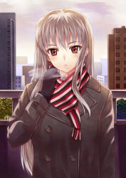 Rule 34 | 1girl, breath, buttons, city, coat, gloves, kisugi akira, long hair, original, red eyes, scarf, silver hair, skyline, solo, striped clothes, striped scarf, upper body