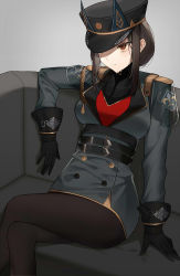 Rule 34 | 1girl, aiguillette, arknights, black gloves, black hat, black pantyhose, breasts, brown eyes, brown hair, closed mouth, corset, couch, crossed legs, crying eye, dobermann (arknights), dobermann (lieutenant) (arknights), dress, feet out of frame, gloves, gradient background, grey background, grey dress, hat, highres, long sleeves, medium breasts, military, military uniform, official alternate costume, on couch, pantyhose, peaked cap, see-through, serious, short hair with long locks, sidelocks, sitting, solo, uniform