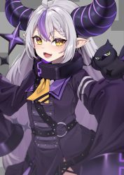 Rule 34 | bird, collar, green eyes, grey background, highres, hololive, horns, la+ darknesss, long hair, looking at viewer, mage, moisture (chichi), pointy ears, smile, striped horns, virtual youtuber, yellow eyes