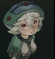 Rule 34 | 1girl, between breasts, black background, breasts, capelet, female focus, green capelet, green hair, green necktie, hair between eyes, hat, highres, kingjoshua, leaning forward, made in abyss, medium breasts, multicolored hair, necktie, necktie between breasts, no bra, open mouth, prushka, red eyes, simple background, solo, upper body, white hair