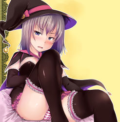 Rule 34 | 10s, 1girl, black gloves, black thighhighs, blue eyes, blush, elbow gloves, frilled thighhighs, frills, girls und panzer, gloves, gradient hair, grey hair, hair between eyes, hat, hubrael, itsumi erika, looking at viewer, multicolored hair, open mouth, sitting, solo, thighhighs, yellow background