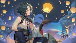 Rule 34 | 1boy, absurdres, animal, arm tattoo, armor, asymmetrical clothes, bead necklace, beads, black hair, chyoel, cloud, facial mark, forehead mark, genshin impact, gloves, green hair, highres, huge filesize, jewelry, lantern, male focus, multicolored hair, necklace, night, outdoors, pants, parted lips, shoulder armor, sky, skybracer (genshin impact), solo, spikes, tassel, tattoo, xiao (genshin impact), yellow eyes