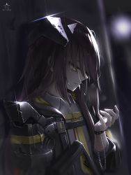 Rule 34 | 1girl, absurdres, armor, artist name, backlighting, black coat, blurry, blurry background, brown hair, closed mouth, coat, collared shirt, commentary, dark background, dress shirt, dripping, from side, gem, girls&#039; frontline, glint, grey shirt, h&amp;k ump, hangr aries, headgear, highres, lens flare, long hair, long sleeves, looking away, looking down, open clothes, open coat, outdoors, pale skin, pearl (gemstone), profile, rain, shirt, shoulder armor, solo, star (symbol), ump45 (girls&#039; frontline), ump45 (mod3) (girls&#039; frontline), water drop, wet, wet hair, wing collar, wristband, yellow eyes