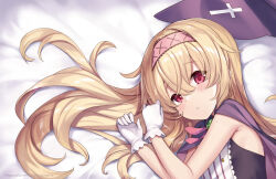Rule 34 | 1girl, bare arms, bed sheet, black dress, blonde hair, blush, cape, cross, dress, flat chest, from above, gloves, hair ornament, hairband, highres, latin cross, little witch nobeta, long hair, looking at viewer, lying, nobeta, official art, on bed, on side, parted lips, purple cape, red eyes, red hairband, sleeveless, sleeveless dress, solo, striped clothes, striped dress, upper body, vertical-striped clothes, vertical-striped dress, very long hair, white gloves