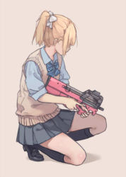 Rule 34 | 1girl, blonde hair, bow, bullpup, gun, hair bow, holding, holding gun, holding weapon, kneehighs, loafers, on one knee, original, p90, personal defense weapon, ponytail, school uniform, shoes, simple background, skirt, socks, solo, submachine gun, sweater vest, trigger discipline, weapon, xiao qiang (overseas)