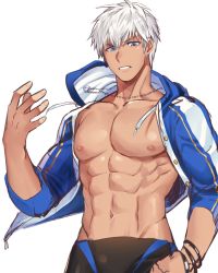 Rule 34 | 1boy, bare pectorals, blackkdogg, bracelet, copyright request, helios rising heroes, highres, jewelry, male focus, necklace, open clothes, open shirt, oscar bale, pectorals, simple background, solo, summer uniform, white background, white eyes, white hair