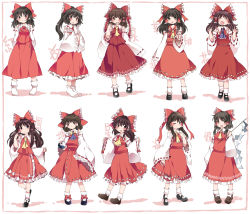 Rule 34 | 1girl, :d, ;), ^ ^, ascot, black eyes, black hair, bow, commentary, comparison, detached sleeves, evolution, closed eyes, frills, gohei, hair bow, hair ribbon, hair tubes, hakurei reimu, hammer (sunset beach), highres, holding, long hair, looking at viewer, mary janes, nontraditional miko, one eye closed, open mouth, ponytail, revision, ribbon, ribbon-trimmed sleeves, ribbon trim, shoes, short hair, smile, socks, touhou, translated, white legwear, wide sleeves
