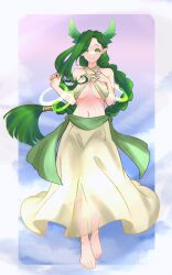 Rule 34 | 05a7w, 1girl, atalanta (golden sun), barefoot, braid, braided ponytail, breasts, dress, feet, golden sun, green hair, head wings, highres, long hair, looking at viewer, medium breasts, navel, see-through, single braid, smile, solo, toes, wings