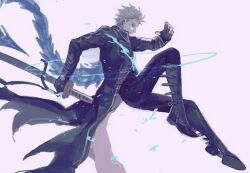 Rule 34 | 1boy, black gloves, blue eyes, boots, coat, devil may cry (series), devil may cry 5, fingerless gloves, gloves, hair slicked back, highres, holding, holding sword, holding weapon, katana, male focus, sheath, solo, sword, vergil (devil may cry), watergrass2814, weapon, white hair, yamato (sword)