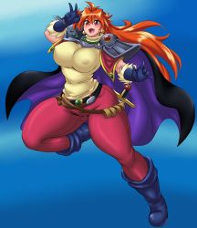 Rule 34 | 1girl, absurdres, armor, blue background, boots, breasts, cape, covered erect nipples, curvy, earrings, fang, full body, gloves, highres, huge breasts, jewelry, kyelyn, lina inverse, long hair, open mouth, orange hair, pants, red eyes, red legwear, shoulder armor, simple background, slayers, smile, solo, sword, thick thighs, thighs, turtleneck, weapon