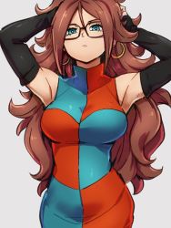 Rule 34 | 1girl, android 21, black-framed eyewear, blue eyes, breasts, checkered clothes, checkered dress, detached sleeves, dragon ball, dragon ball fighterz, dress, earrings, glasses, grey background, hair between eyes, hands up, hoop earrings, jewelry, kemachiku, large breasts, long hair, looking at viewer, red hair, simple background, solo
