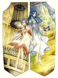 Rule 34 | 2girls, barefoot, cage, castle, crossover, dress, ico, long hair, mono (shadow of the colossus), mono (sotc), multiple girls, shadow of the colossus, short hair, traditional media, ura, yorda