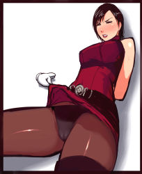Rule 34 | 1girl, ada wong, arms behind back, belt, black hair, blush, breasts, brown hair, cameltoe, capcom, cleft of venus, clothes lift, dress, imminent rape, large breasts, miniskirt, panties, panties under pantyhose, pantyhose, pantyshot, red dress, red skirt, resident evil, resident evil 4, sawao, short hair, skirt, skirt lift, solo, sweat, underwear, you gonna get raped