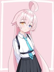 Rule 34 | 1girl, absurdres, ahoge, arms behind back, black skirt, blue archive, blue eyes, blue necktie, closed mouth, collared shirt, hair between eyes, heterochromia, highres, hoshino (blue archive), kain501i, light blush, long hair, long sleeves, looking at viewer, necktie, orange eyes, pink background, pink hair, pleated skirt, shirt, simple background, skirt, solo, wavy mouth, white shirt