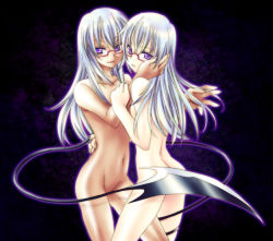Rule 34 | 2girls, abyss (psyren), amamiya sakurako, censored, convenient censoring, dual persona, glasses, multiple girls, nude, psyren, purple eyes, silver hair, xala