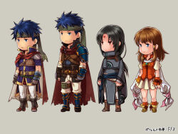 1girl 3boys armor black_hair blue_eyes blue_hair brown_hair cape commentary_request deformed dual_persona facial_mark final_fantasy final_fantasy_iii fire_emblem fire_emblem:_path_of_radiance fire_emblem:_radiant_dawn forehead_mark full_body hair_tubes headband ike_(fire_emblem) kobashi_(hodohodo) long_hair mist_(fire_emblem) multiple_boys nintendo pauldrons red_eyes short_hair shoulder_armor simple_background single_pauldron skirt soren_(fire_emblem) standing translation_request