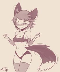 Rule 34 | 1girl, absurdres, animal ears, blush, bra, breasts, cleavage, detached sleeves, embarrassed, fox ears, fox girl, fox tail, highres, kitsune, lingerie, md5 mismatch, original, panties, resolution mismatch, solo, source request, source smaller, standing, tail, thighhighs, underwear