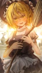 Rule 34 | 1girl, absurdres, apron, black hat, black skirt, black vest, blonde hair, blush, breasts, broom, frilled apron, frills, hair between eyes, hat, highres, kirisame marisa, looking at viewer, open mouth, puffy short sleeves, puffy sleeves, shirt, short hair, short sleeves, skirt, small breasts, solo, toho sweet, touhou, vest, waist apron, white apron, white shirt, witch hat, yellow eyes