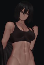 Rule 34 | 1girl, abs, absurdres, bad id, bad pixiv id, bare shoulders, black hair, black tank top, bottomless, breasts, closed mouth, coat, grey eyes, groin, hair between eyes, highres, looking to the side, medium breasts, mikasa ackerman, navel, out-of-frame censoring, shingeki no kyojin, short hair, solo, tank top, toned, zaki (zaki btw)