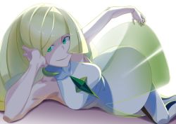 Rule 34 | 1girl, bare arms, blonde hair, breasts, closed mouth, clothes lift, collarbone, creatures (company), dress, dress lift, game freak, gem, green eyes, highres, leggings, long hair, looking at viewer, lusamine (pokemon), lying, mature female, medium breasts, nintendo, on side, pokemon, pokemon sm, see-through, short dress, simple background, smile, solo, tyoro (tyoromatsu59), white background, white dress