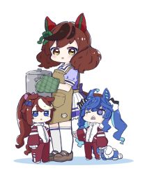 Rule 34 | 3girls, ahoge, animal ears, apron, black hair, blue eyes, blue hair, blue shirt, blush, bow, brown apron, brown footwear, brown hair, chibi, colored shadow, commentary, cooking pot, ear bow, frilled skirt, frills, green bow, hair between eyes, highres, holding, holding stuffed toy, horse ears, horse girl, horse tail, jacket, loafers, long sleeves, looking at viewer, multicolored hair, multiple girls, nice nature (umamusume), nozo (hitomiz), open mouth, oven mitts, pants, parted lips, pleated skirt, ponytail, puffy long sleeves, puffy short sleeves, puffy sleeves, red jacket, red pants, school uniform, shadow, sharp teeth, shirt, shoes, short sleeves, simple background, skirt, sleeves past wrists, smile, standing, streaked hair, stuffed animal, stuffed rabbit, stuffed toy, tail, tears, teeth, thighhighs, tokai teio (umamusume), tracen school uniform, track jacket, track pants, track suit, twin turbo (umamusume), twintails, umamusume, white background, white hair, white skirt, white thighhighs