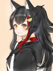 Rule 34 | 1girl, absurdres, animal ear fluff, animal ears, black choker, black hair, black hoodie, brown background, choker, hair ornament, hairclip, highres, hololive, hood, hood down, hoodie, long hair, looking at viewer, multicolored hair, nanashi (nlo), official alternate costume, ookami mio, ookami mio (casual), parted lips, ponytail, red hair, simple background, smile, solo, streaked hair, two-tone hair, upper body, virtual youtuber, wolf ears, wolf girl, yellow eyes