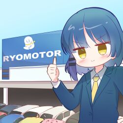 Rule 34 | 1girl, 6 9, absurdres, blue hair, blue suit, bocchi the rock!, car, commentary request, formal, gotoh hitori, hair ornament, hairclip, haruiroha, highres, ijichi nijika, jitome, motor vehicle, necktie, objectification, short hair, smile, solo, suit, thumbs up, upper body, yamada ryo, yellow eyes, yellow necktie