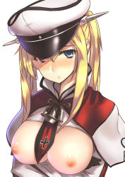 Rule 34 | 10s, 1girl, black gloves, blonde hair, blue eyes, blush, breasts, breasts out, cross, female focus, gloves, graf zeppelin (kancolle), hair between eyes, hat, highres, iron cross, kantai collection, large breasts, long hair, looking at viewer, military, military uniform, nipples, open clothes, peaked cap, shirokuma, solo, twintails, uniform