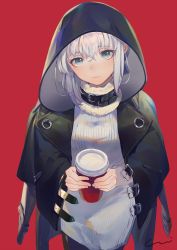 Rule 34 | 1girl, aqua eyes, bad id, bad pixiv id, blue eyes, cloak, coffee cup, collar, cup, disposable cup, fate (series), gray (fate), grey hair, highres, hood, hood up, jacket, jacket on shoulders, leather, leather jacket, looking up, lord el-melloi ii case files, red background, simple background, solo, sweater, yuni (via junk)