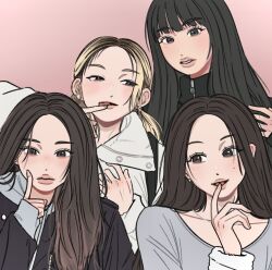 4girls \m/ animification belle_(kiss_of_life) black_eyes black_hair black_jacket blonde_hair brown_hair commentary earrings forehead gradient_hair grey_hoodie grey_shirt hair_behind_ear haneul_(kiss_of_life) highres hood hoodie jacket jewelry julie_(kiss_of_life) k-pop kiss_of_life long_hair looking_to_the_side mole mole_under_eye multicolored_hair multiple_girls natty_(kiss_of_life) necklace open_mouth parted_hair parted_lips pink_lips real_life shirt sleeves_past_wrists smile symbol-only_commentary tangchi_suputhipong tongue tongue_out v