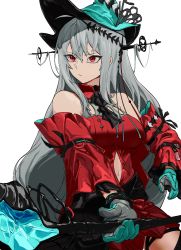 Rule 34 | 1girl, arknights, dress, gloves, hat, highres, incoming attack, navel, necktie, red dress, red eyes, silver hair, stick, witch, witch hat, zequung, zquung