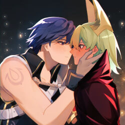 Rule 34 | 1boy, 1girl, about to kiss, aini27, almost kiss, armor, birthmark, blue eyes, blue hair, blush, cape, chrom (fire emblem), commission, dark-skinned female, dark skin, fire emblem, fire emblem awakening, fire emblem heroes, hand on another&#039;s face, hetero, highres, laegjarn (fire emblem), multicolored hair, nintendo, red eyes, tiara