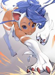 Rule 34 | 1girl, akisa yositake, animal ears, animal hands, blue eyes, blue hair, body fur, capcom, cat ears, cat girl, cat tail, claw mark, claws, felicia (vampire), highres, looking at viewer, monster girl, simple background, smile, solo, solo focus, tail, vampire (game)