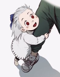 Rule 34 | 1boy, 1girl, aged down, blue ribbon, blush, character request, child, commentary request, dorohedoro, dress, from above, green pants, grey background, grey hair, grey legwear, hair ribbon, highres, long hair, nike (company), noi (dorohedoro), open mouth, pants, red eyes, ribbon, shadow, shoes, simple background, smile, sneakers, socks, uei (uei73661268), white dress, white footwear