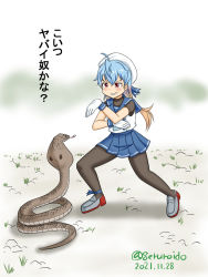 Rule 34 | 1girl, black pantyhose, blonde hair, blue hair, blue neckerchief, blue sailor collar, blue skirt, cobra (animal), commentary request, dated, geru, gloves, gradient hair, hat, kantai collection, long hair, multicolored hair, neckerchief, one-hour drawing challenge, pantyhose, pleated skirt, red eyes, sado (kancolle), sailor collar, sailor hat, school uniform, serafuku, shirt, skirt, sleeveless, sleeveless shirt, snake, twitter username, undershirt, white gloves, white headwear