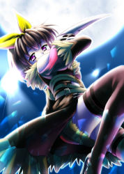 Rule 34 | 1girl, arm up, backlighting, belt, bow, broken glass, coat, commentary request, expressionless, fur-trimmed coat, fur-trimmed sleeves, fur trim, glass, glass shards, hair bow, high heels, holding, holding knife, incoming attack, jumping, knife, knight, looking at viewer, moon, night, open clothes, open coat, purple eyes, ragnarok online, sealmythbpknro, short hair, solo, stalker, stalker (ragnarok online), thighhighs, thighs, yellow bow