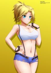 Rule 34 | 1girl, belt, black belt, black gloves, blizzard (company), blonde hair, blue eyes, blue shorts, blush, breasts, cleavage, collarbone, denim, denim shorts, fingerless gloves, gloves, hand on own hip, highres, large breasts, long hair, looking at viewer, mercy (overwatch), midriff, navel, open belt, overwatch, overwatch 1, ponytail, shirt, shorts, smile, standing, suspenders, tank top, torn clothes, torn shorts, white shirt, yellow background, zel-sama