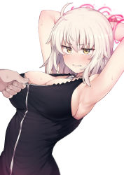 Rule 34 | 1girl, ahoge, armpits, arms up, blush, breasts, cleavage, clenched teeth, dutch angle, fate/grand order, fate (series), highres, jeanne d&#039;arc (fate), jeanne d&#039;arc alter (avenger) (fate), jeanne d&#039;arc alter (fate), jewelry, jp06, large breasts, medium hair, necklace, restrained, sideboob, simple background, solo focus, sweat, teeth, unzipping, white background, white hair, yellow eyes