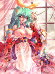 Rule 34 | 1girl, bow, breast lift, breasts, cum, cum on body, garter belt, glasses, green hair, hair bow, huge breasts, japanese clothes, kimono, kneeling, lingerie, long hair, milk, miwa yoshikazu, nipples, no bra, open mouth, ribbon, smile, solo, thighhighs, underwear, very long hair