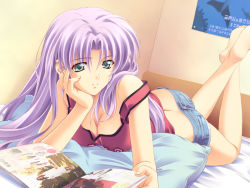 Rule 34 | 1girl, barefoot, bed, breasts, cleavage, crossed legs, dear my friend, denim, denim shorts, feet, game cg, green eyes, hand on own cheek, hand on own face, kusukusu, large breasts, nagamura saeka, off shoulder, parted bangs, poster (object), purple hair, short shorts, shorts, sitting, soles, solo