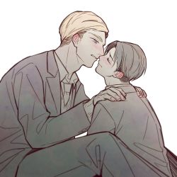 Rule 34 | 2boys, black hair, blonde hair, blue eyes, blush, closed eyes, collared shirt, erwin smith, g321377377, grey jacket, grey pants, hands on another&#039;s shoulders, imminent kiss, jacket, levi (shingeki no kyojin), looking at another, male focus, multiple boys, pants, parted bangs, parted lips, shingeki no kyojin, shirt, short hair, sitting, swept bangs, upper body, white background, white shirt, yaoi