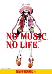 Rule 34 | 1girl, bare legs, bare shoulders, breasts, copyright name, dress, expressions, full body, hair over one eye, headphones, highres, idol, jacket, logo, long hair, long sleeves, multicolored hair, official art, one piece, one piece film: red, promotional art, red hair, simple background, solo, tower records, two-tone hair, uta (one piece), very long hair, white background, white dress, white hair, wide hips