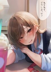 Rule 34 | 1girl, arm on table, arm rest, black sweater vest, blurry, blurry foreground, blush, brown eyes, brown hair, collared shirt, commentary request, cup, depth of field, disposable cup, dress shirt, highres, indoors, leaning on table, looking at viewer, motion lines, necktie, nekomugiharu, ootori hinako, open mouth, original, red necktie, school uniform, shirt, sleeves rolled up, solo, speech bubble, sweater vest, translation request, white shirt