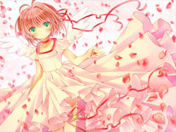 1990s_(style) bad_id bad_pixiv_id brown_hair cardcaptor_sakura cherry_blossoms child dress green_eyes kinomoto_sakura petals puu_(kari---ume) retro_artstyle ribbon short_hair solo wings