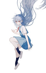 Rule 34 | 1girl, absurdres, ayanami rei, black socks, blue dress, blue hair, closed mouth, commentary request, deep (deep4946), dress, evangelion: 3.0+1.0 thrice upon a time, full body, hair between eyes, hand up, highres, knee up, long hair, neckerchief, neon genesis evangelion, pinafore dress, rebuild of evangelion, red eyes, red neckerchief, school uniform, shirt, short sleeves, simple background, sleeveless dress, smile, socks, solo, tokyo-3 middle school uniform, white background, white footwear, white shirt