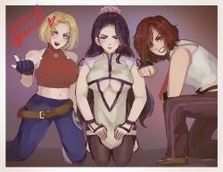 Rule 34 | 3girls, absurdres, black hair, blonde hair, blue eyes, blue mary, breasts, highres, large breasts, long hair, looking at viewer, luong, midriff, multiple girls, navel, red eyes, red hair, snk, the king of fighters, vanessa (kof)