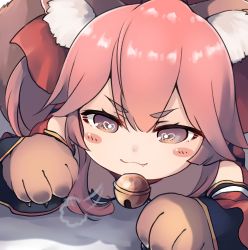 Rule 34 | 1girl, :3, absurdres, animal ear fluff, animal ears, animal hands, bare shoulders, bell, blush stickers, bow, brown eyes, chibi, closed mouth, commentary request, detached sleeves, dyson (edaokunnsaikouya), fang, fang out, fate/grand order, fate (series), fox ears, fox tail, gloves, hair between eyes, hair bow, heart, heart-shaped pupils, highres, jingle bell, long hair, long sleeves, looking at viewer, lying, on stomach, paw gloves, pink hair, red bow, solo, symbol-shaped pupils, tail, tamamo (fate), tamamo cat (fate), tamamo cat (first ascension) (fate), v-shaped eyebrows, wide sleeves